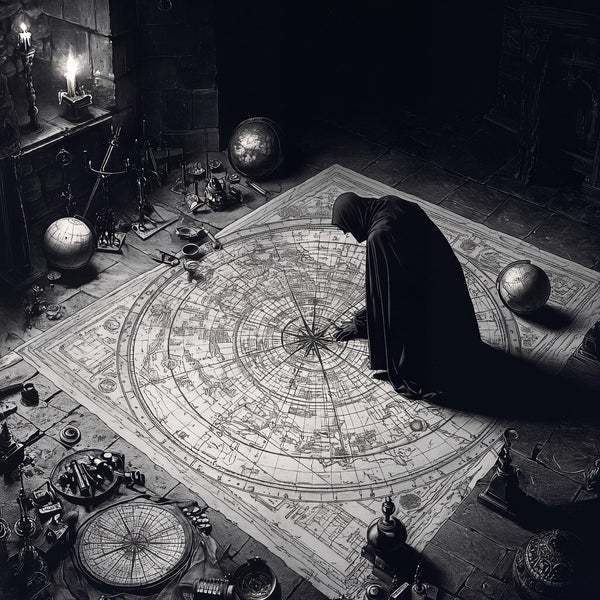 Engraved cartographer at his instruments